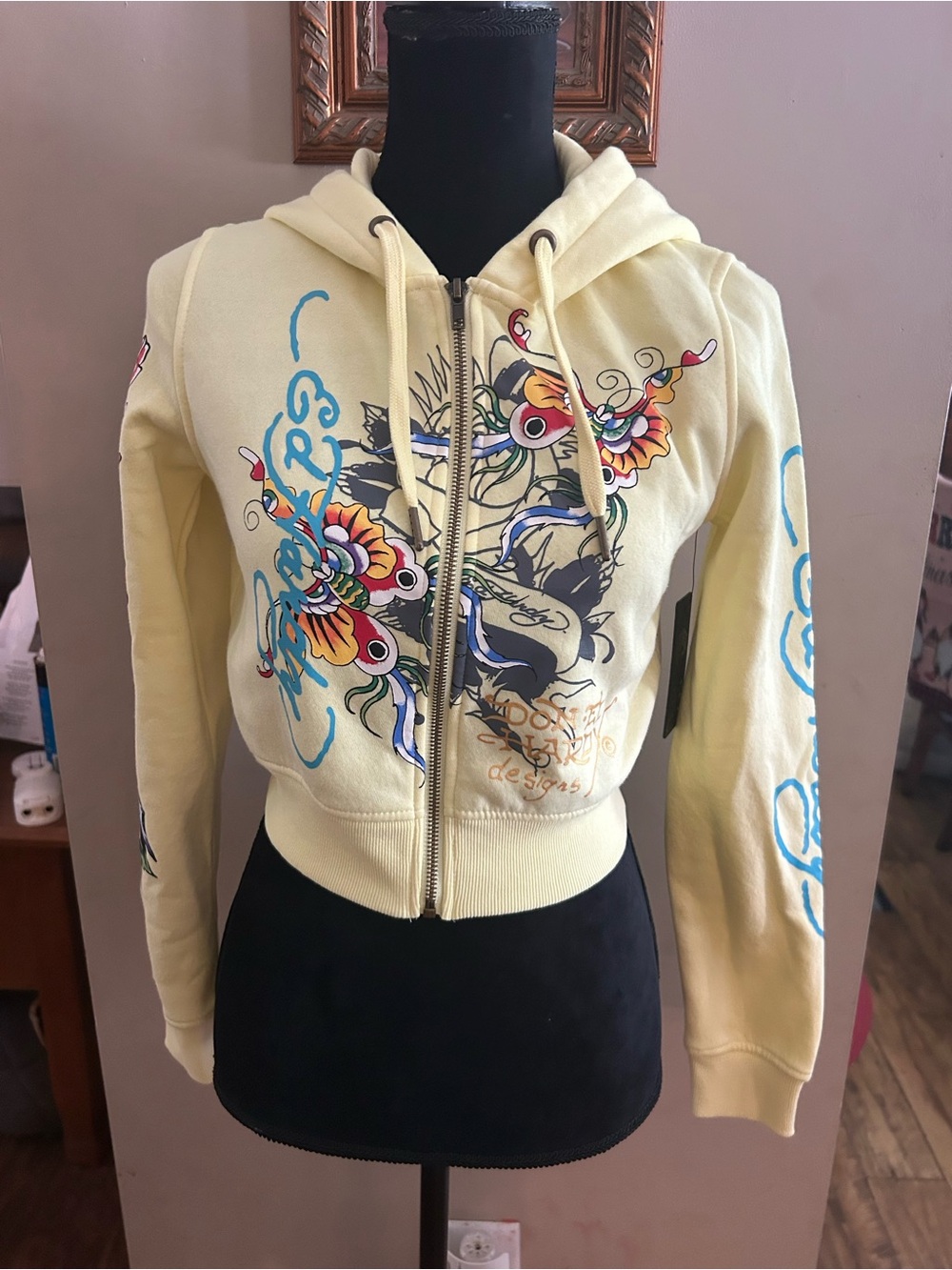 Ed Hardy Pale Yellow Zip Hoodie with Multicolor Floral Tattoo Print